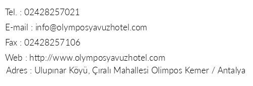 Olympos Yavuz Hotel telefon numaralar, faks, e-mail, posta adresi ve iletiim bilgileri